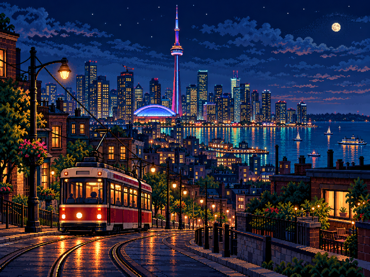 Pixel-art downtown Toronto from street level, with the CN Tower beyond a foreground streetcar on its tracks